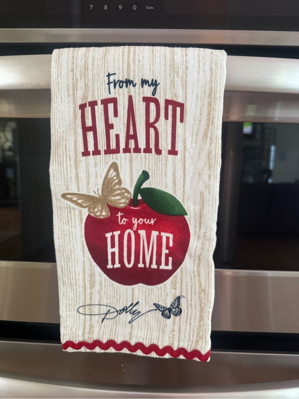 Dolly Parton Cream Towel with Red Apple, Green Leaf & Gold Butterfly